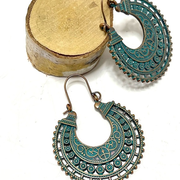 NEW INVENTORY! Simple Boho Antiqued Copper Geometric Hoops with Patina Finish​ - Picture 3 of 4